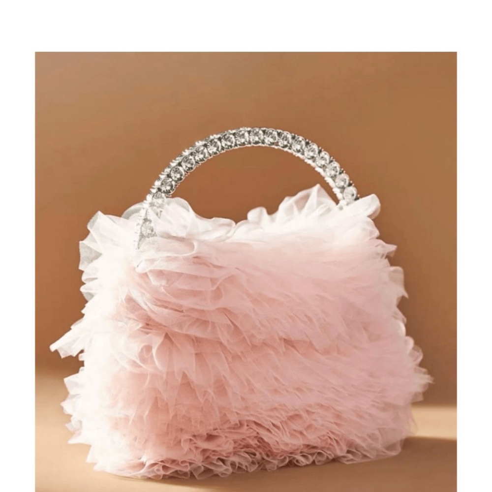 Badgley Mischka Jewel Jazzie Layered Tulle Pouch Clutch Pink Ruffled Handbag
